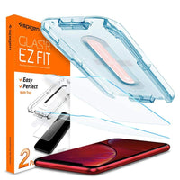 iPhone 11 / XR Screen Protector EZ FIT GLAS.tR SLIM showing the box, alignment tray, two screen protectors, and a device